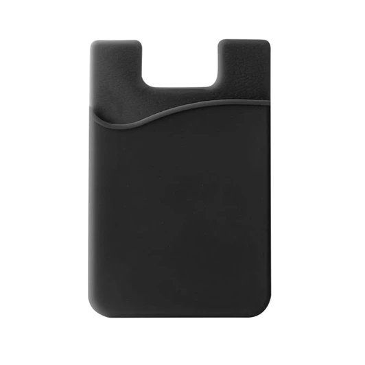 A black smart wallet with a sleek design, featuring an upper cut-out and a wave-like pattern. Includes a logo.