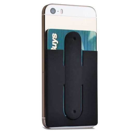 A black phone wallet stand attached to a smartphone, holding a credit card securely in place.