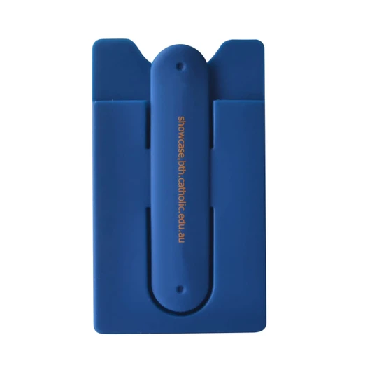 A blue Smart Wallet Stand featuring a logo, designed to hold a phone and cards securely.