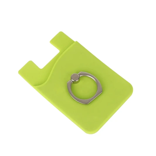 A green phone wallet featuring a metal ring for secure grip. Includes a slot for cards.