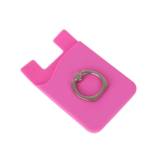 A pink phone wallet featuring a metallic ring. The wallet has a sleek design and includes a branding logo.