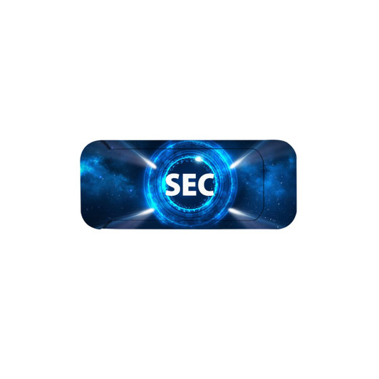 A rectangular webcam cover in blue with a circular design and a logo in the centre.