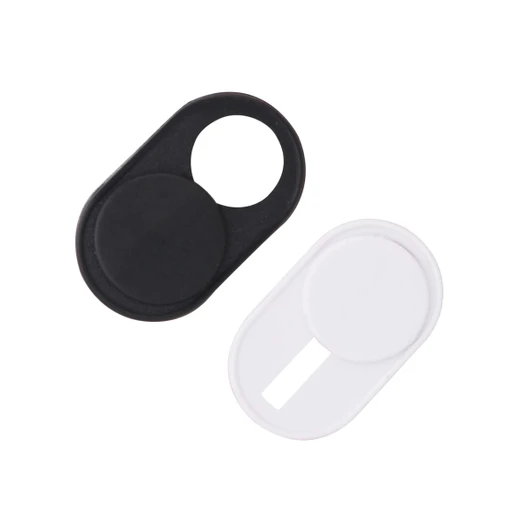 A black and white mini webcam cover set, featuring sliding mechanisms for privacy protection. Each has a circular design.