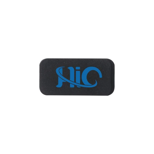 A black mini webcam cover with a logo printed in blue on the surface.