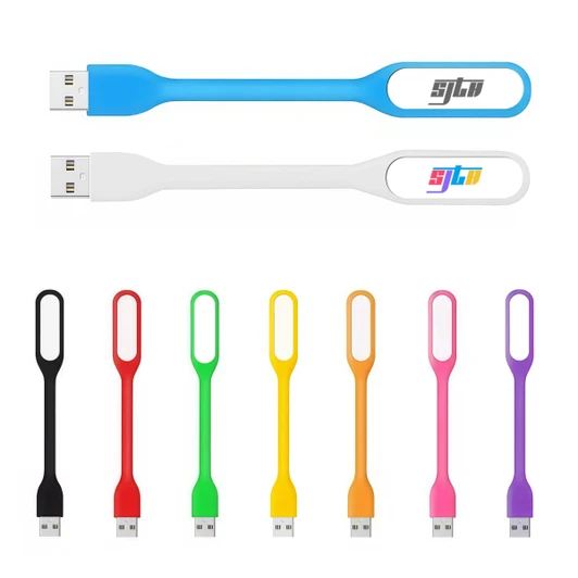 A selection of USB light products in various colours, including blue, white, yellow, green, red, and pink, with branding.