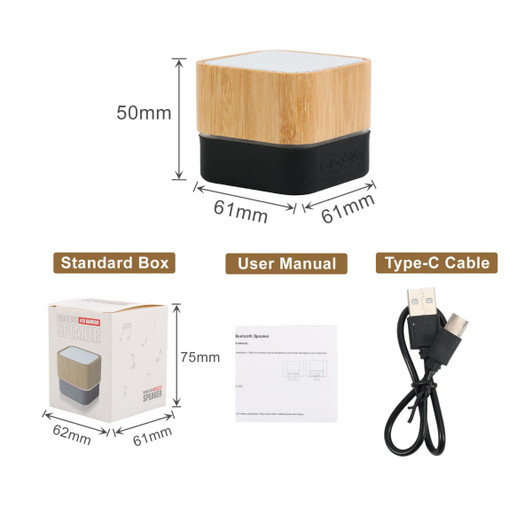 A bamboo Bluetooth wireless speaker in a square shape, with a black base and USB Type-C cable included.