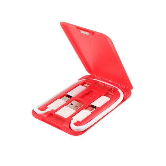 A red multifunctional cable case featuring multiple charging cables and connectors inside.