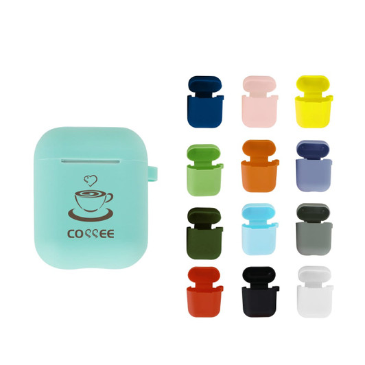 A range of silicone protection cases for AirPods in various colours, including light blue, green, pink, and black.