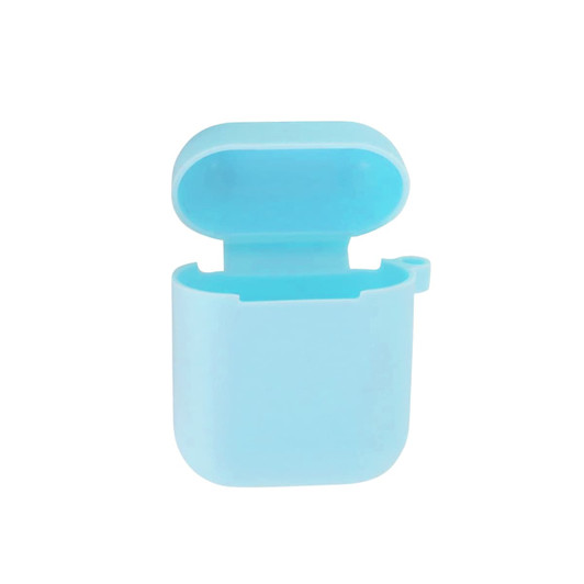 A light blue silicone protection case for AirPods, featuring an open lid and a loop for attachment.