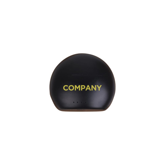 A black round charging case for true wireless earbuds, featuring a logo on the front.