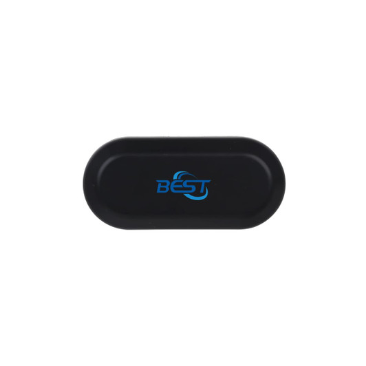 A black case for wireless earbuds with a logo featured prominently on the top.