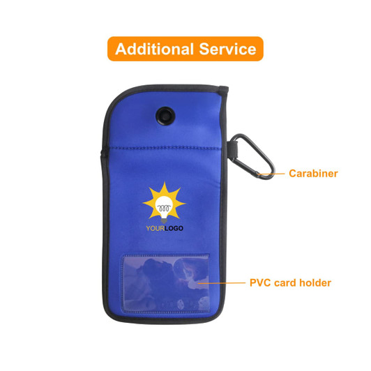 A blue lockable phone pouch with a carabiner and a PVC card holder, featuring a logo.