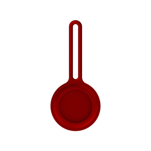 A red Air Tag protective case with a hanging loop, designed to secure and protect the device.