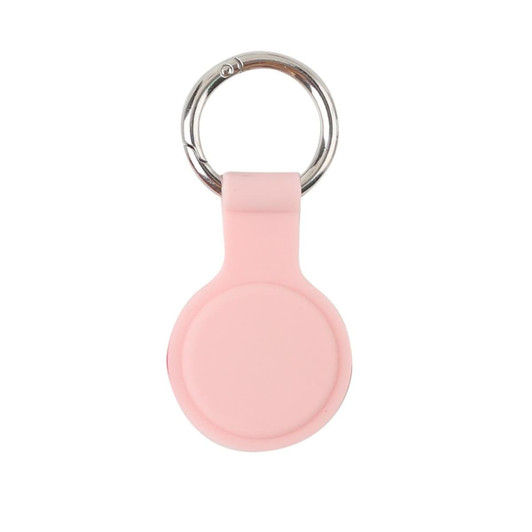 A pink Air Tag protective case with a silver keyring attached. Features a smooth, rounded design.
