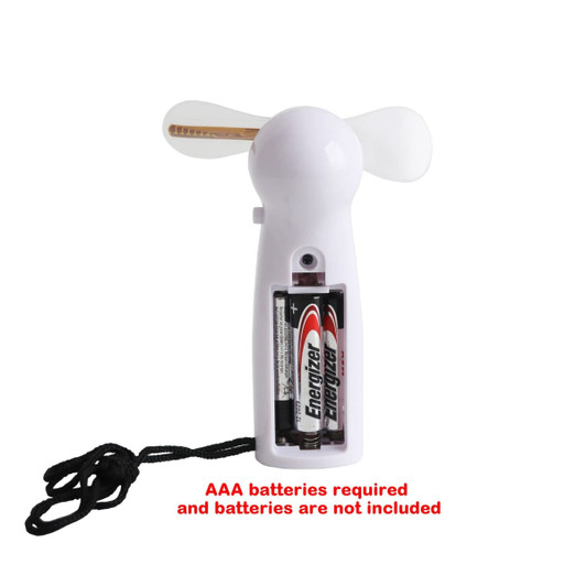 A white handheld fan with a rounded body, featuring two clear blades and a compartment for AAA batteries. Includes a string for easy carrying.