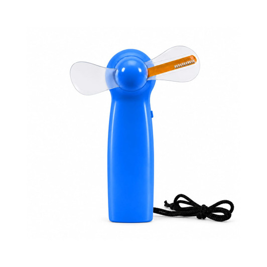 A blue handheld fan with a transparent blade and a strap. It features a logo on the body.