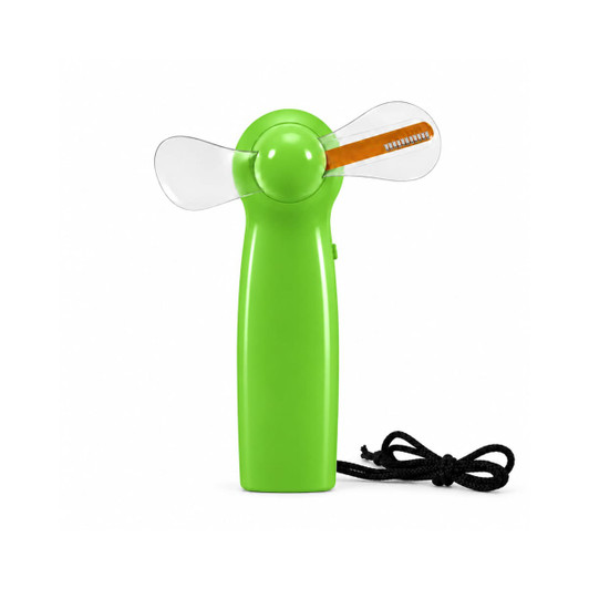 A green handheld fan with a clear blade, featuring a black strap for easy carrying.