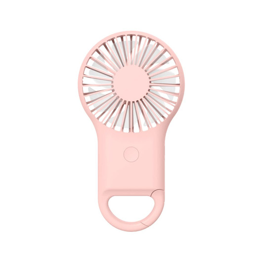 A pink carabiner mini fan featuring a circular design and a handle for easy attachment. It includes an LED light.