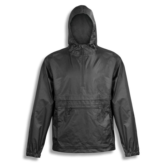 A men's windbreaker jacket in black with a hood and adjustable cuffs, featuring a front pocket and a branding logo.