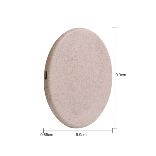A round, beige wireless charger made from wheat straw, featuring a logo and dimensions displayed.
