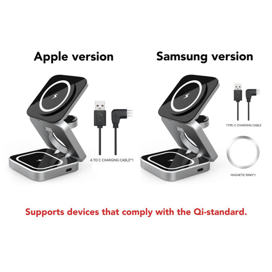 A foldable wireless charger stand in black and silver, compatible with Apple and Samsung devices, featuring a logo.
