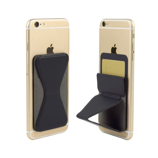 A black PU phone stand card holder attached to a gold smartphone, featuring a flap for cards.