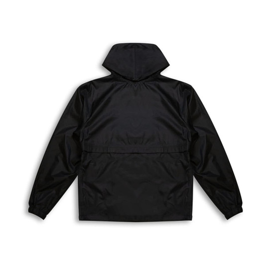 A black windbreaker jacket featuring a hood and elastic cuffs, with a logo on the back.