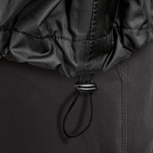 A close-up of the black fabric and drawstring of the TRENDSWEAR Weston Mens Windbreaker jacket.
