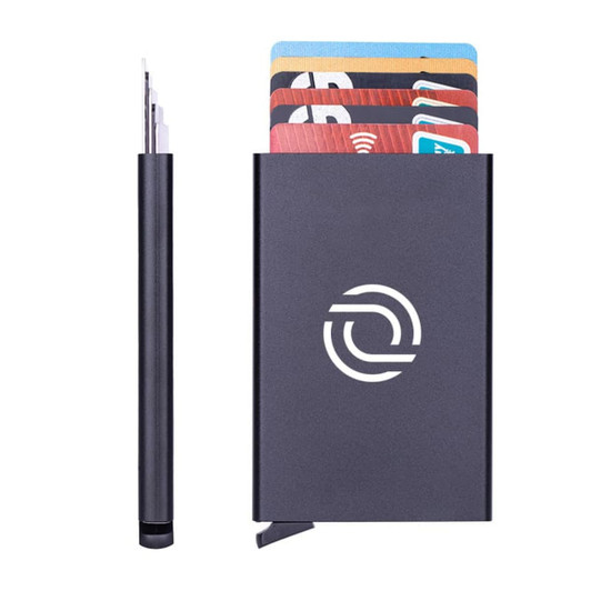 A metal RFID card holder in black, with multiple cards partially visible inside and a sleek design.