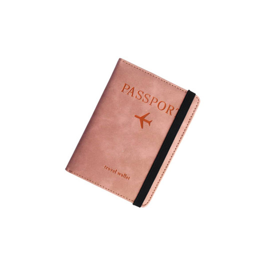 A pink PU leather passport holder with an elastic band and an airplane design, featuring a logo on the front.