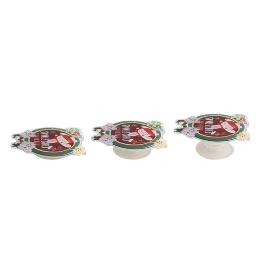 Three custom-shaped acrylic phone pop holders in festive designs, featuring colours like red, green, and white.