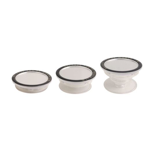 Three custom-shaped mirror phone pop holders in clear plastic with black trim. Each holder varies in size.