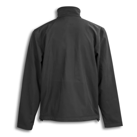 A black soft shell unisex jacket featuring a high collar and a plain back design. The jacket has a branding logo.