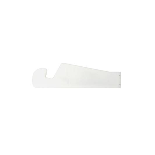 A white V-shaped iPhone and iPad stand with a simple, minimalist design and a logo.