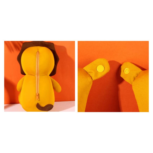 A lion-shaped plush travel pillow in yellow, featuring a zip closure and two button attachments on the sides.