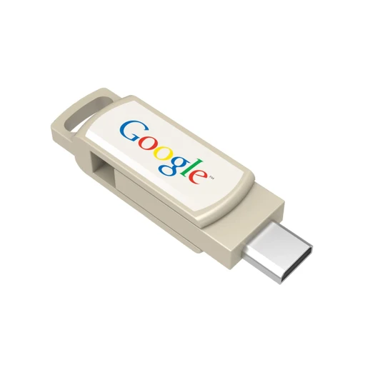 A beige flash drive with a loop for attaching to keys and a logo on the side.