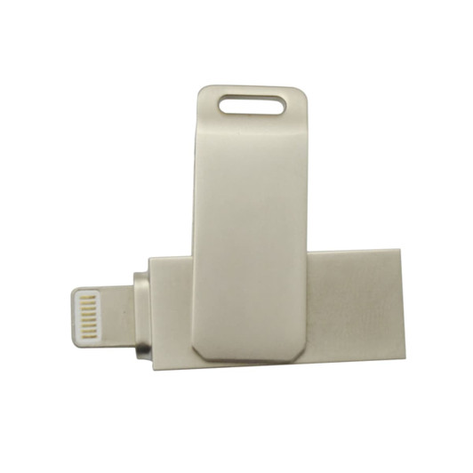 A silver flash drive with a swivel design and a small connector at one end, featuring a logo.