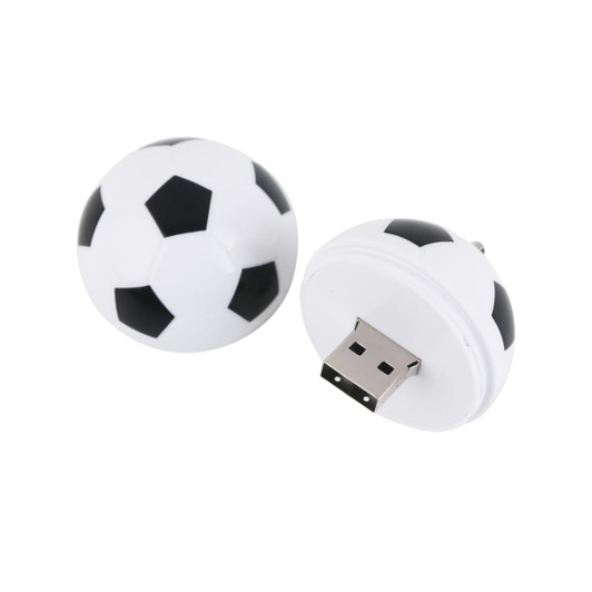A soccer ball-shaped flash drive in black and white, featuring a USB connector and a logo.