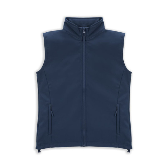 A navy blue women's vest featuring a high collar and side pockets. The design includes a front zip and has a logo.