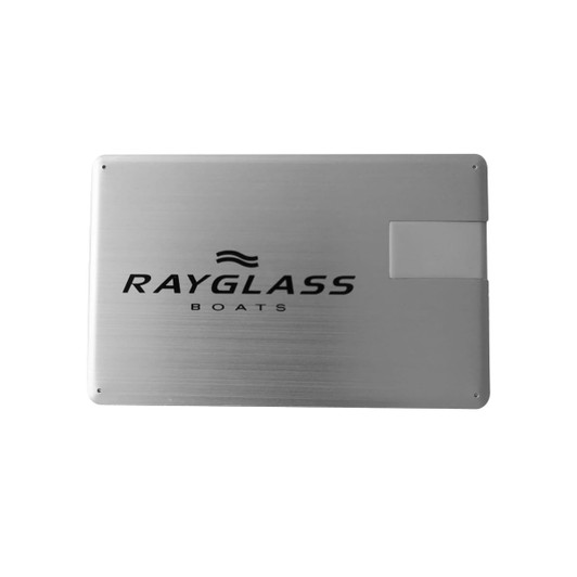 A sleek silver swivel card flash drive featuring a logo on the front.