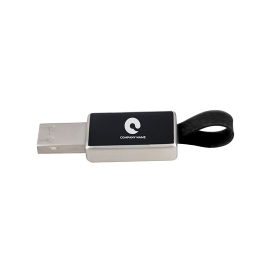 A silver and black flash drive with a logo and a loop for attaching to keychains or lanyards.