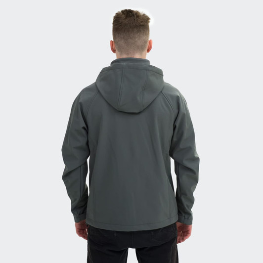 A men's soft shell jacket in a dark grey colour, featuring a hood and a logo.
