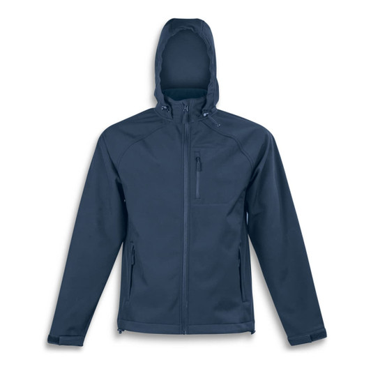 A dark blue soft shell men's jacket with a hood, featuring zippered pockets and a logo.