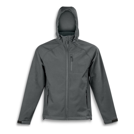 A soft shell jacket in dark green with a hood and zippered pockets, featuring a logo.