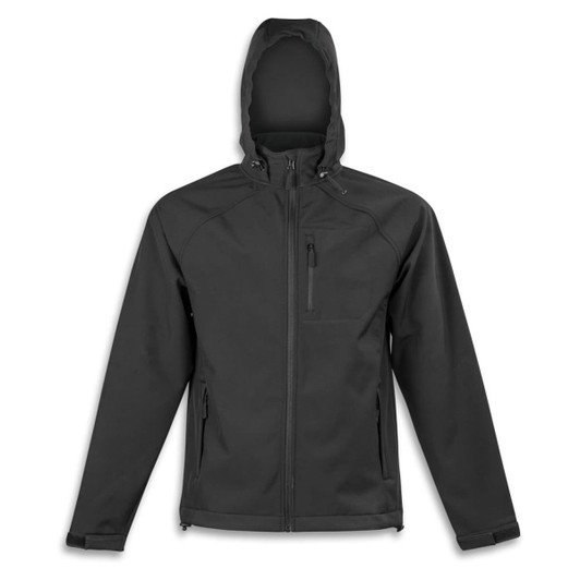 A black soft shell jacket featuring a hood, zippered pockets, and an adjustable fit. It has a logo on the design.