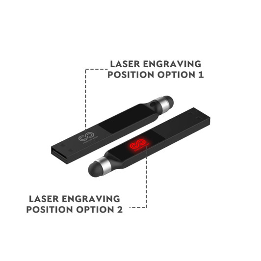 A black backlit logo flash drive with stylus ends, featuring two options for laser engraving.