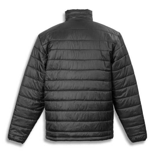 A black unisex puffer jacket with a quilted design, featuring a high collar and a back view. It has a logo.