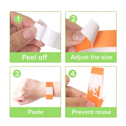 Four-step instructions for using a disposable full colour Tyvek wristband, showcasing an orange wristband and hands adjusting it.
