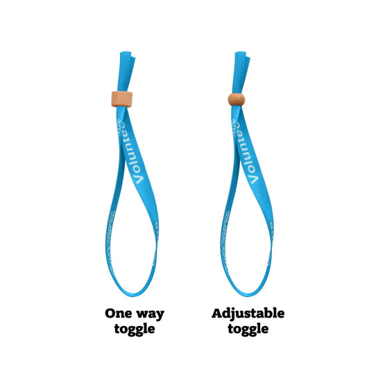 A blue RPET fabric wristband with a bamboo toggle, featuring one-way and adjustable toggle designs.