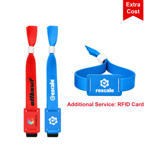 Two RPET fabric wristbands in red and blue, featuring branding and adjustable designs.